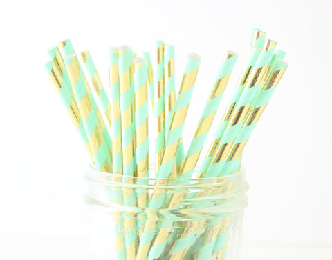 Metallic Gold  & Mint Stripe Paper Straw