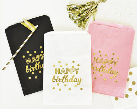 Happy Birthday White and Gold Favor Bag