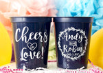 Cheers to Love Cups - Plastic Wedding Cups - Engagement Party Favors - Custom Stadium Cups - Wedding Favor Cups - Rustic Wedding Decor