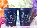 Monogram Stadium Cups - Cheers to Love Laughter & Happily Ever After - Plastic Wedding Cups - Custom Stadium Cups - Wedding Favor Cups