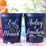 Eat Drink and Be Married Stadium Cup - Monogram Cups - Custom Reception Favors - Bar Crawl Cups - Wedding Favor - Plastic Cocktail Cups