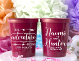 The Adventure Begins Stadium Cup - Custom Cocktail Cup - Travel Wedding Gifts - Bridal Shower Favors - Reception Cups - Rustic Wedding Favor