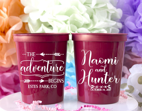 The Adventure Begins Stadium Cup - Custom Cocktail Cup - Travel Wedding Gifts - Bridal Shower Favors - Reception Cups - Rustic Wedding Favor