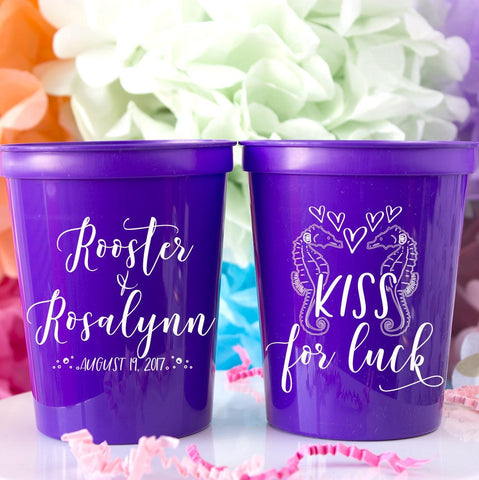 Wedding Cups Custom Cups Plastic Cups Stadium Cups Personalized Cups Nautical Seahorse Ocean Beach Wedding Favors for Guests Printed Cups