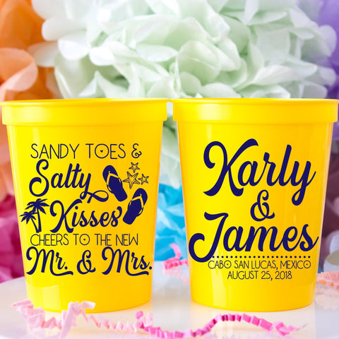 Beach Wedding Cups Sandy Toes Salty Kisses Cheers to New Mr & Mrs Party Cups Tropical Wedding Destination Wedding Custom Wedding Favors