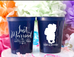 Just Married Wedding Reception Favors for Guests Personalized Cups Stadium Cups Destination Wedding Stadium Cups Plastic Cups Party Cups