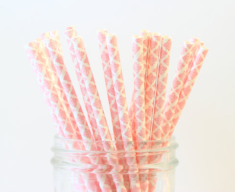 Blush Pink Damask Paper Straw