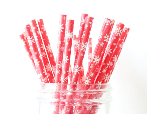 Red with White Snowflake Paper Straw