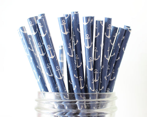 Blue with White Anchor Paper Straw