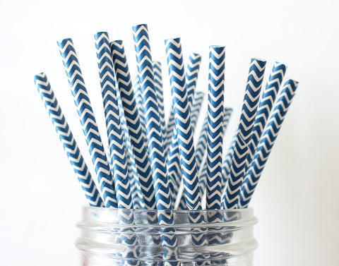 Navy Blue Chevron Paper Straw