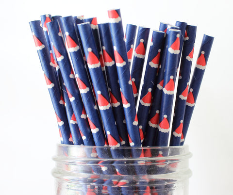 Blue with Red Santa Hats Paper Straw