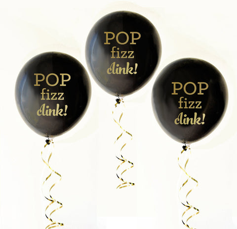 Pop Fizz Clink Black & Gold Balloons